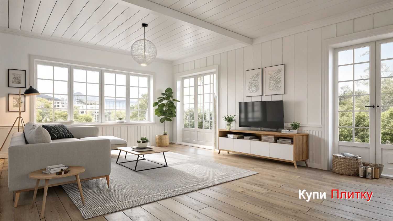 Плитка под дерево в гостиной и открытая планировка