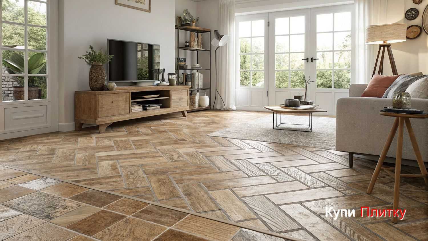 Напольная плитка под дерево в гостиной: идеи комбинирования цветов