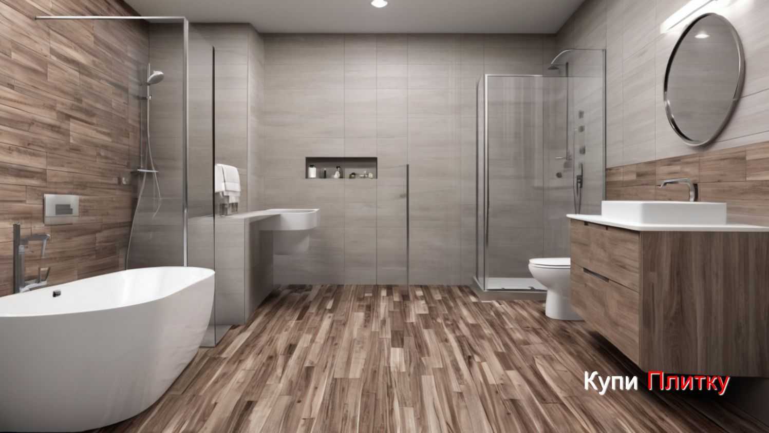 Преимущества сочетания керамогранита под дерево и плитки под бетон в ванной