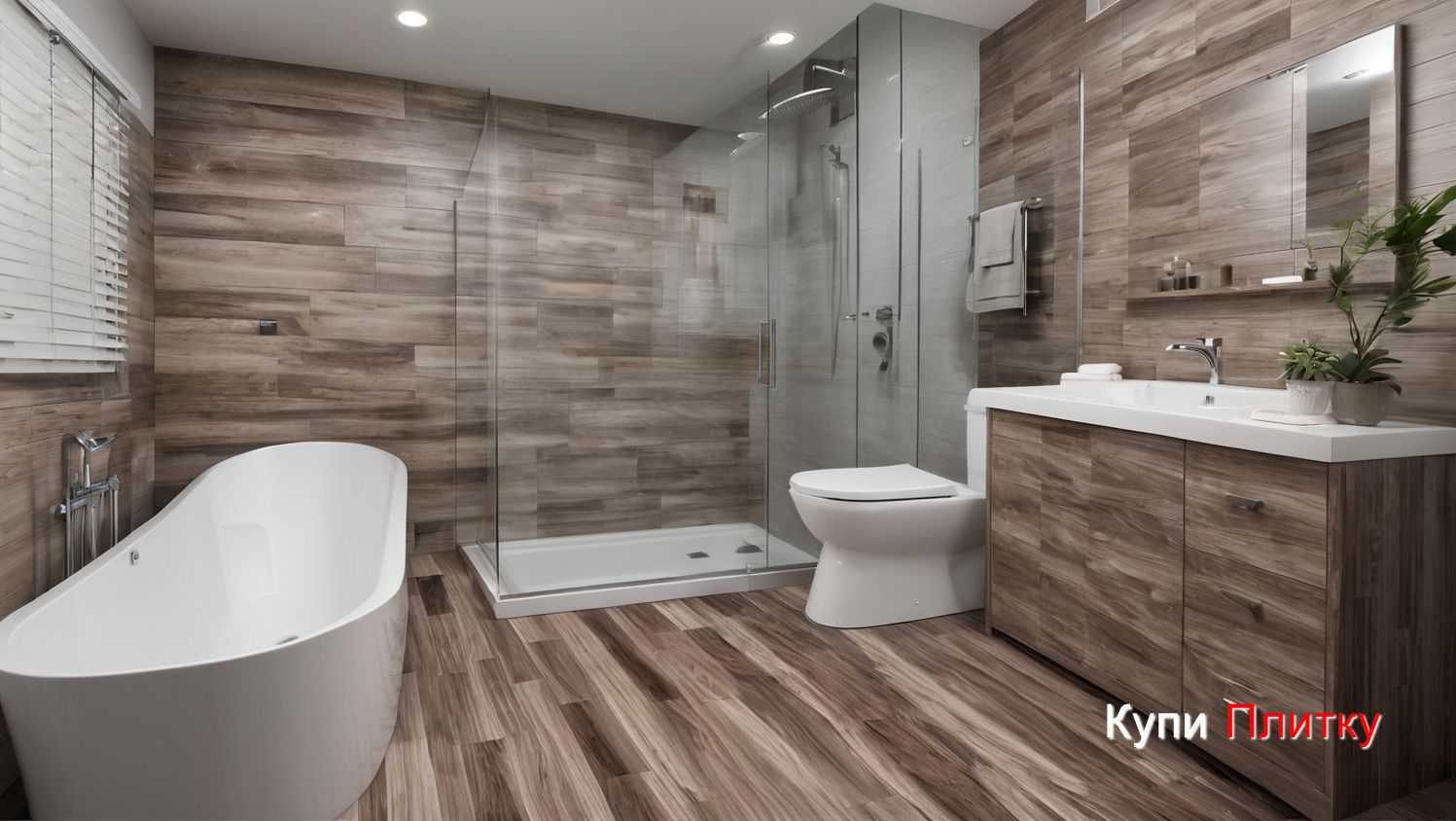 Как сочетается плитка под дерево и керамогранит под камень в ванной комнате