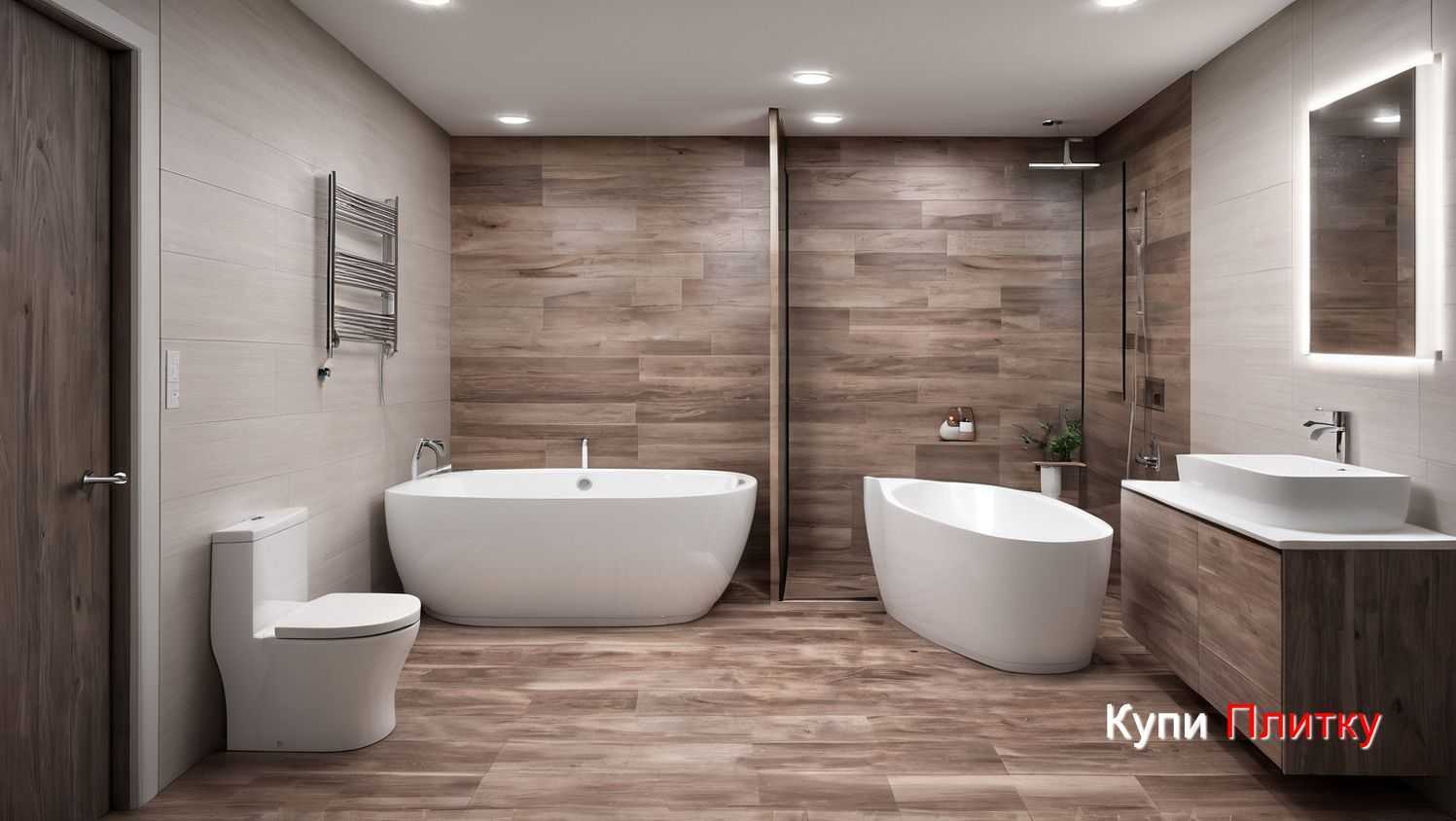 Плитка под дерево и белая мебель в ванной комнате