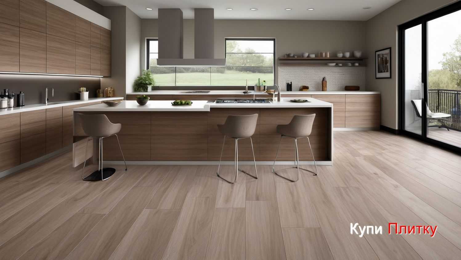 Плитка под дерево на кухне с эффектом натурального дуба