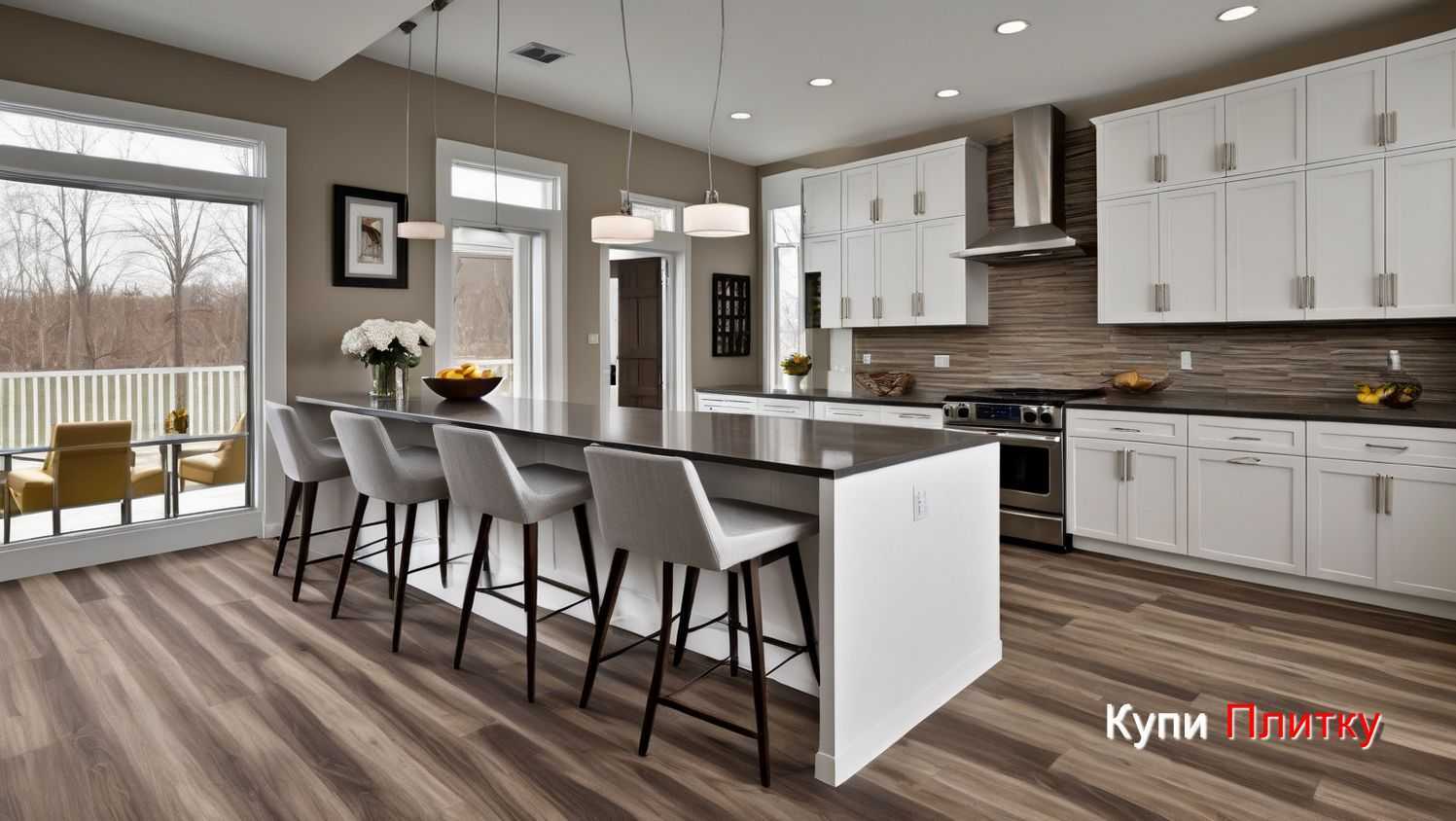Сочетание плитки под дерево с мебелью и фартуком