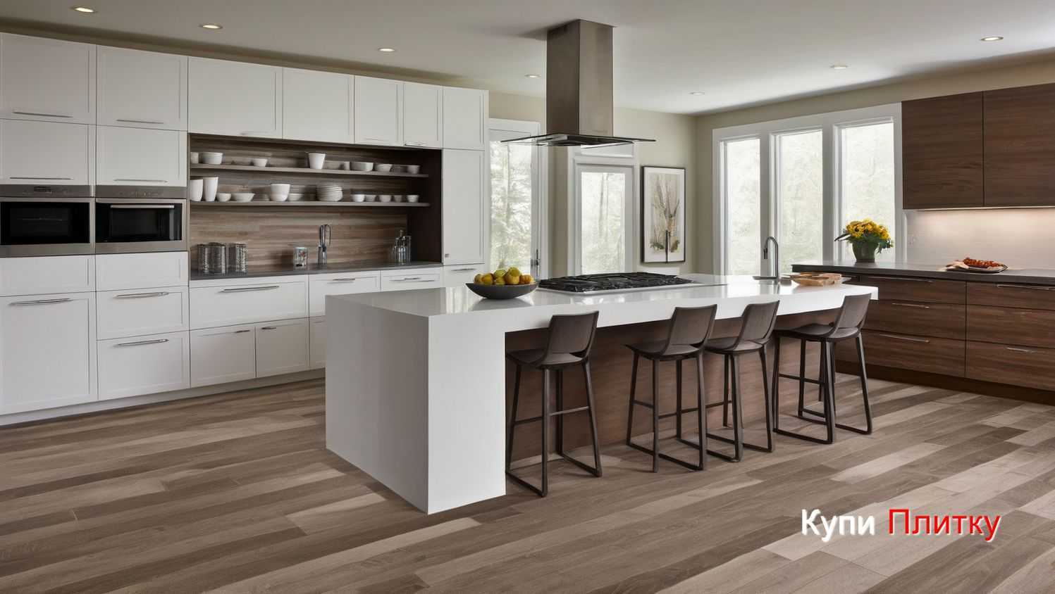 Светлая плитка под дерево на кухне: визуальное расширение пространства