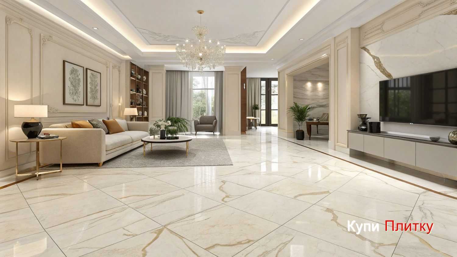 Напольная плитка под мрамор в гостиной: как подобрать плинтус