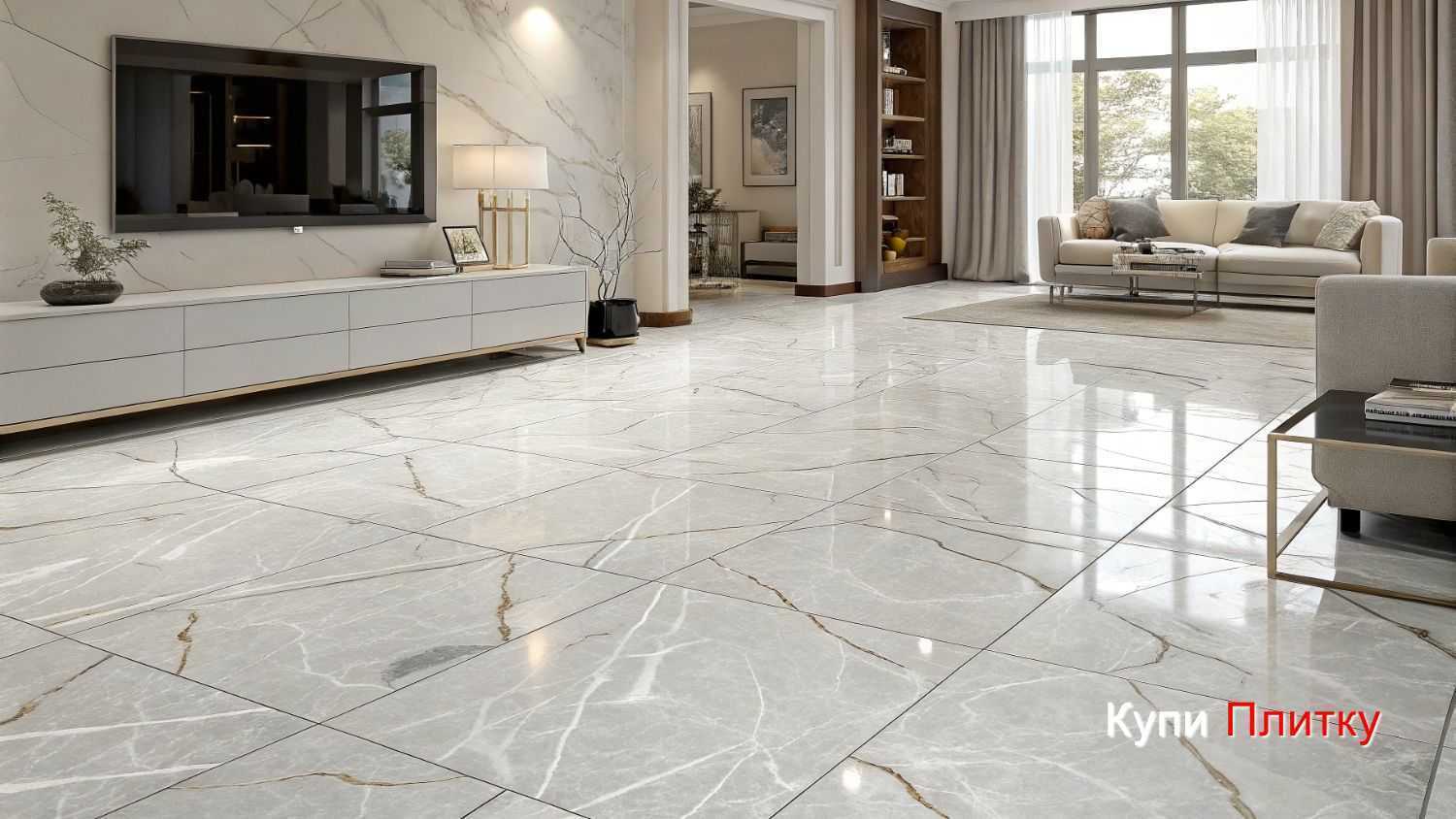 Напольный керамогранит под мрамор в гостиной в бежевых тонах