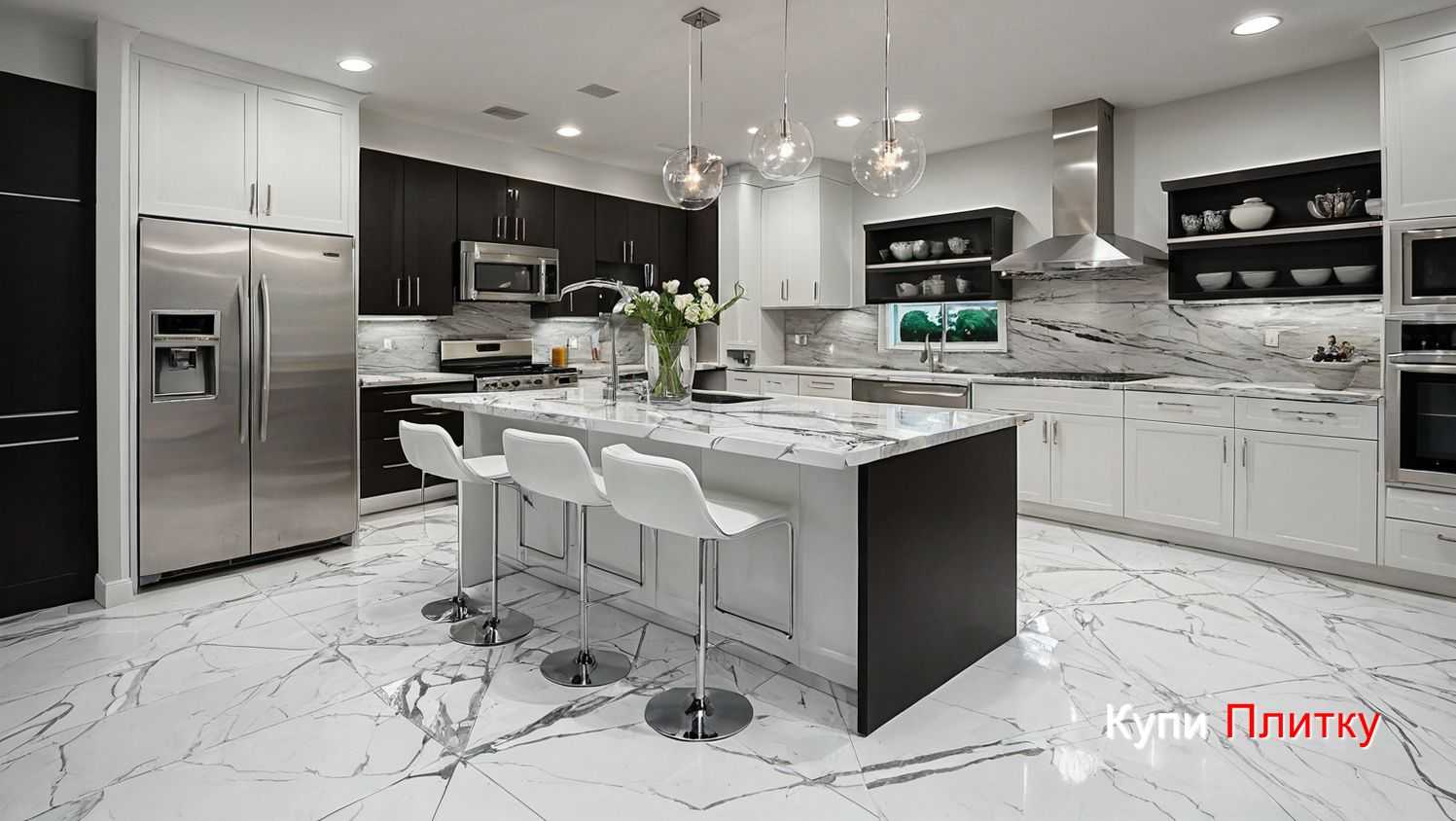 Сочетание плитки под мрамор с глянцевыми и матовыми стенами