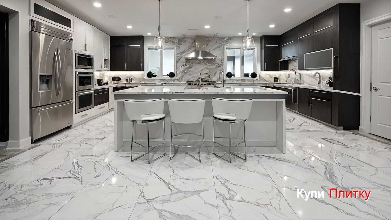 Плитка под мрамор на кухне и черная техника: стильное сочетание