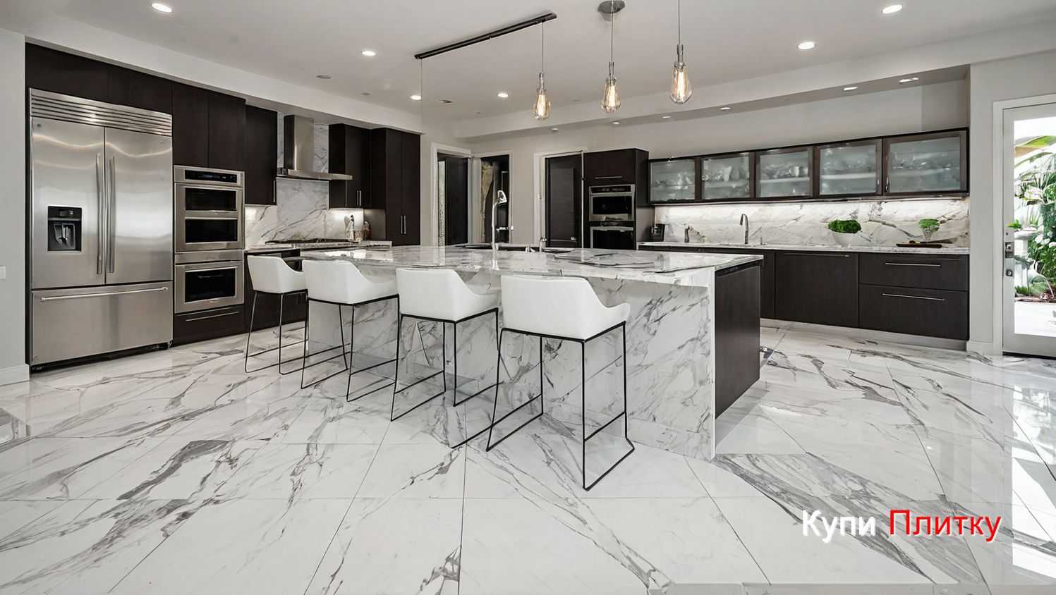 Плитка под мрамор на кухне и практичность в быту