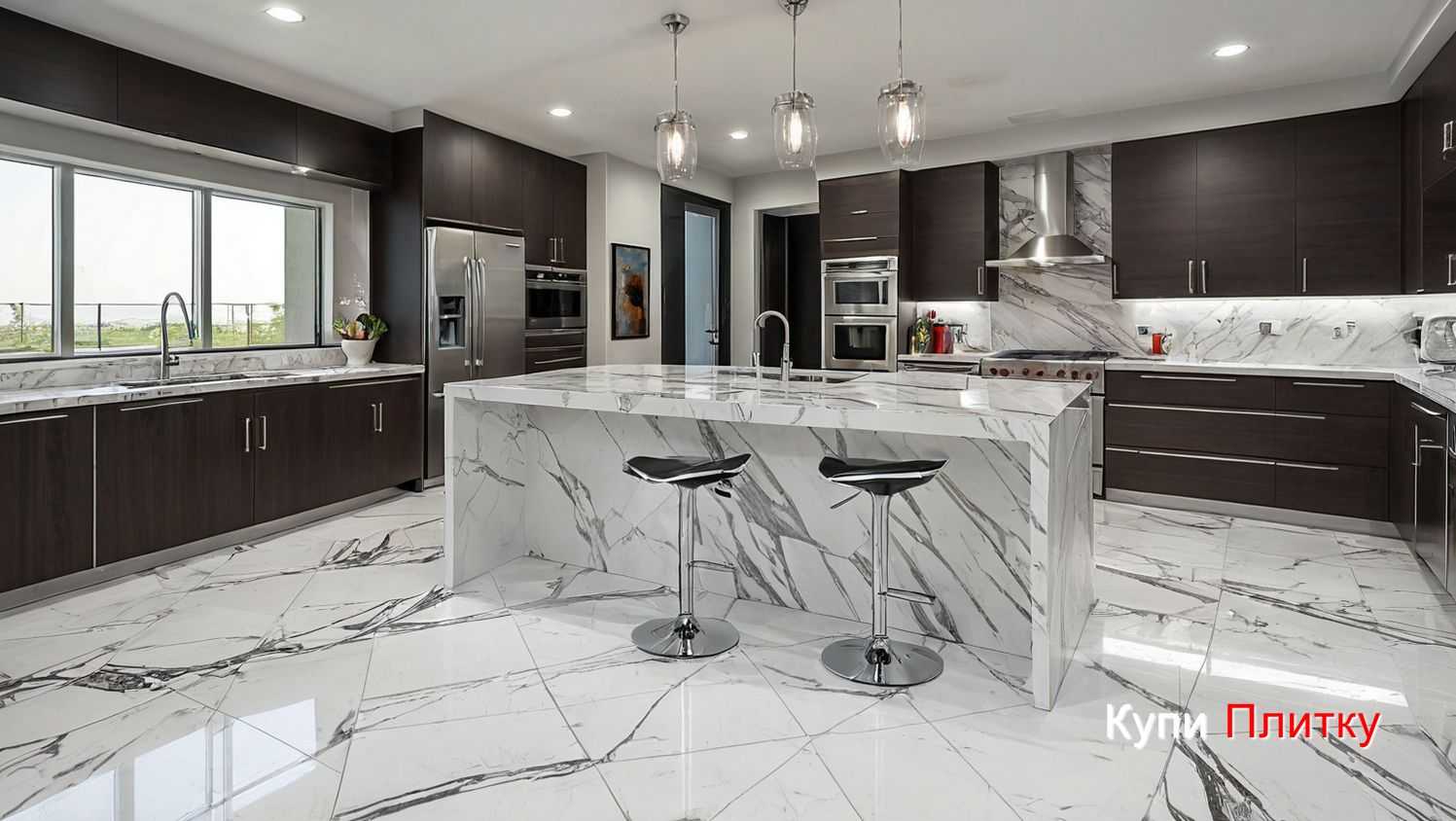 Сочетание плитки под мрамор с фактурой и материалом фартука