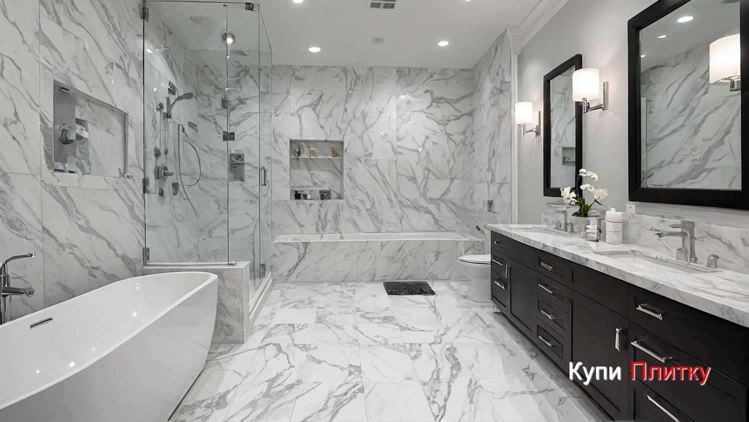 Сочетание плитки под мрамор с мебелью и сантехникой