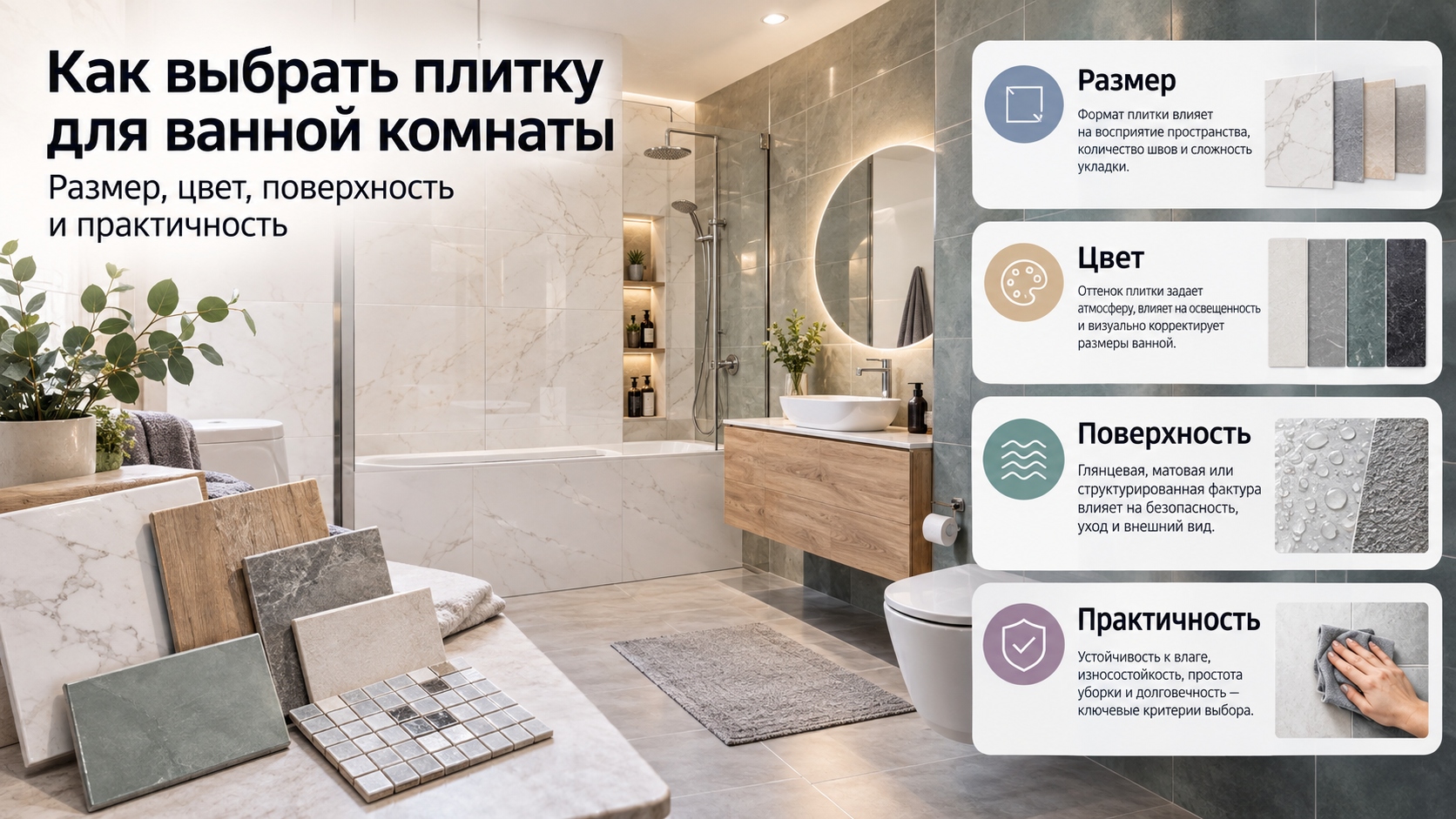 Как выбрать плитку для ванной комнаты: размер, цвет, поверхность и практичность