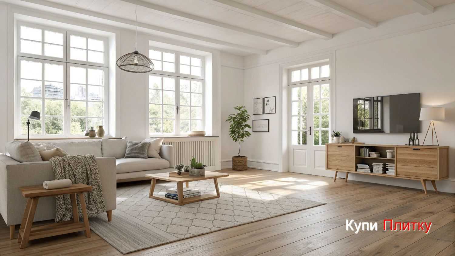 Напольная плитка под дерево в гостиной в стиле минимализм