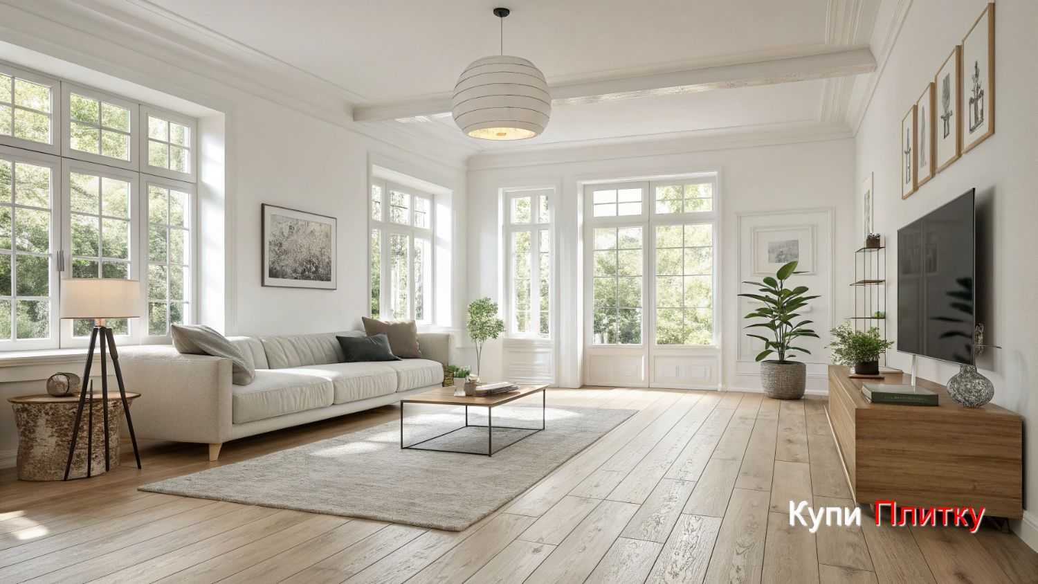 Плитка под дерево в гостиной и большие окна: как выбрать оттенок