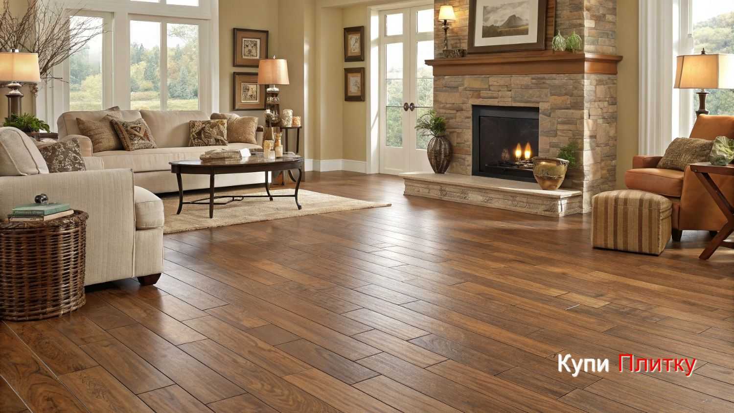 Плитка под дерево в гостиной и интерьер в бежевых тонах