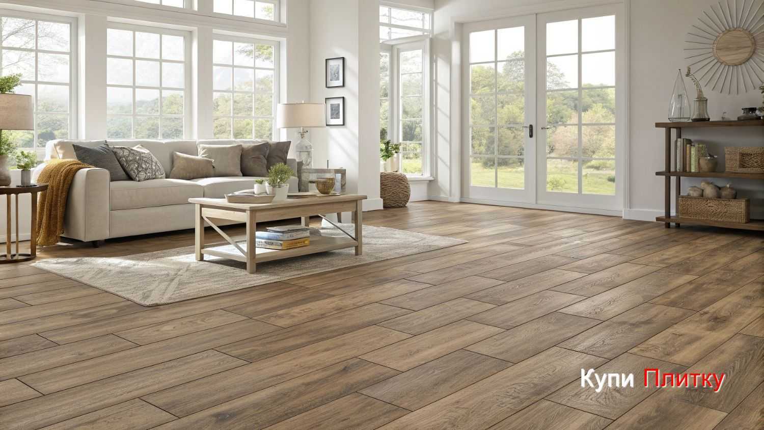 Напольная плитка под дерево в гостиной с узором под старину