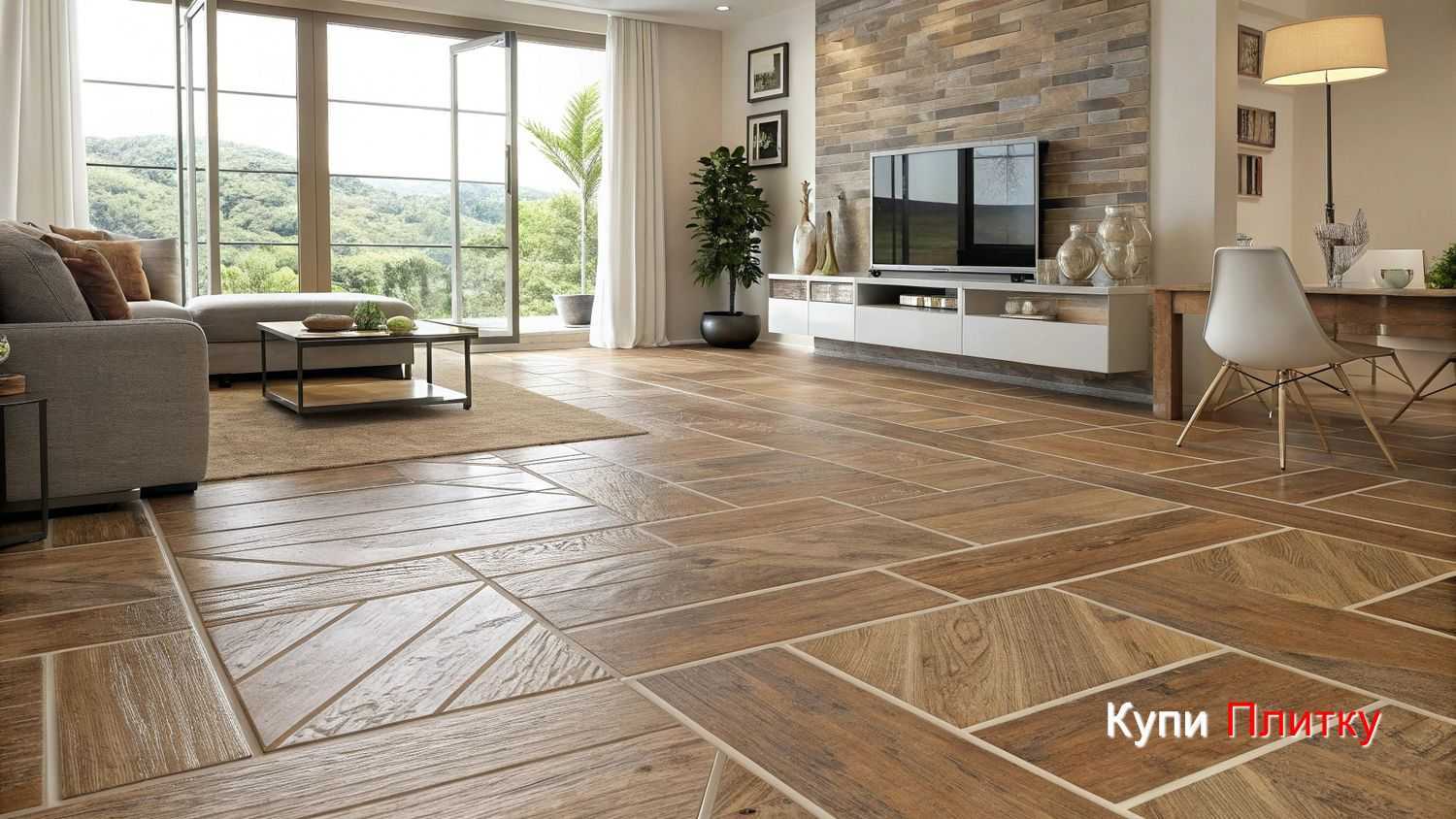 Как подобрать плитку под дерево в гостиной под цвет мебели