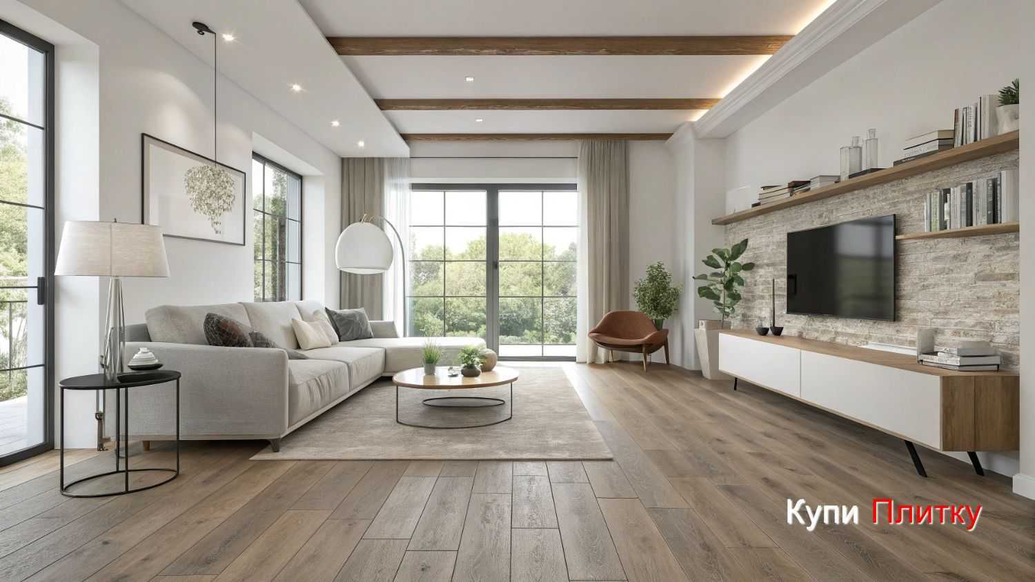 Плитка под дерево в гостиной и интерьер в стиле лофт