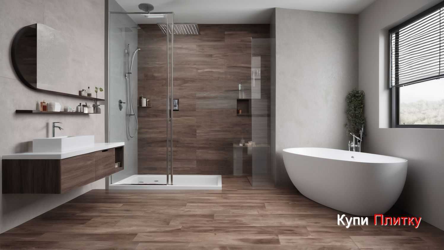 Плитка под дерево и бетонная раковина в ванной комнате