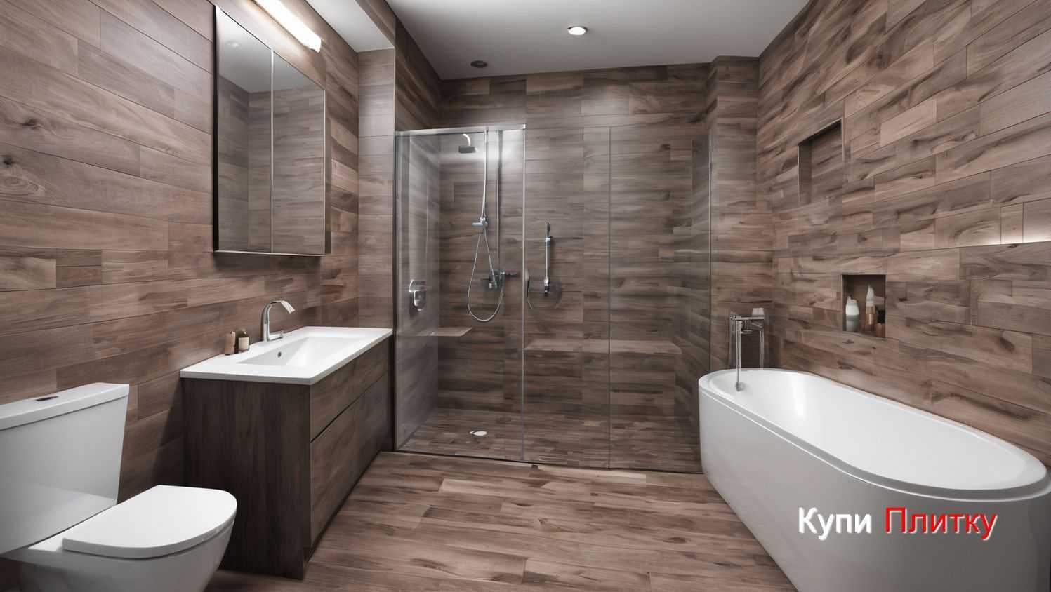 Керамогранит под дерево и плитка под бетон — тренд в ванной комнате