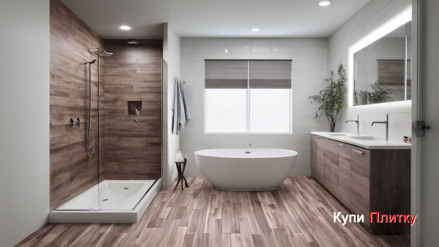 Плитка под дерево в ванной комнате с декоративной нишей