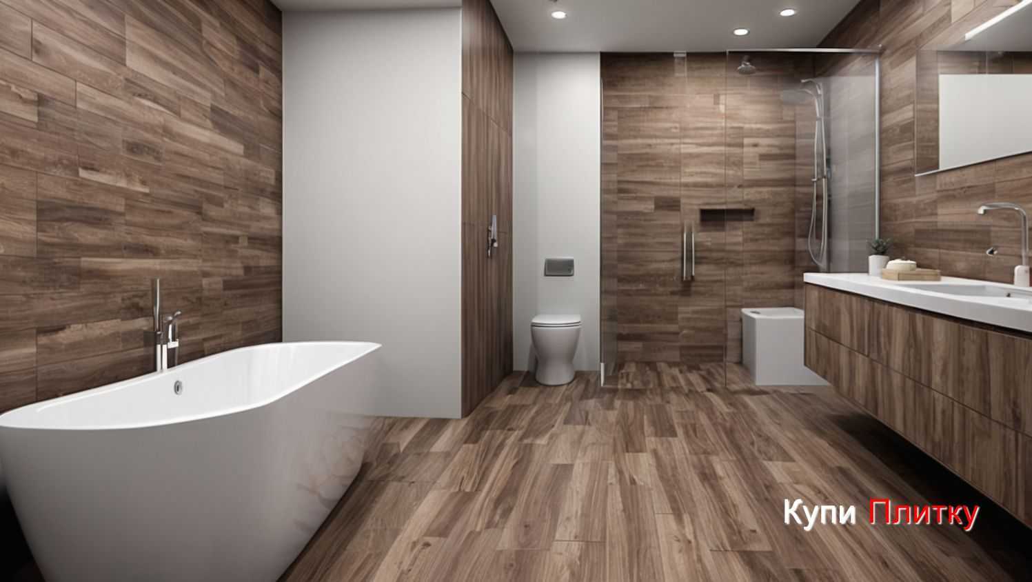 Плитка под дерево и зеленые акценты в ванной комнате