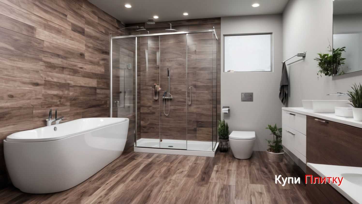 Укладка плитки под дерево диагонально в ванной комнате