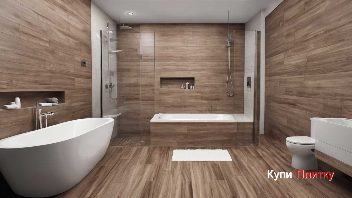 Плитка под дерево в ванной комнате с комбинированным освещением