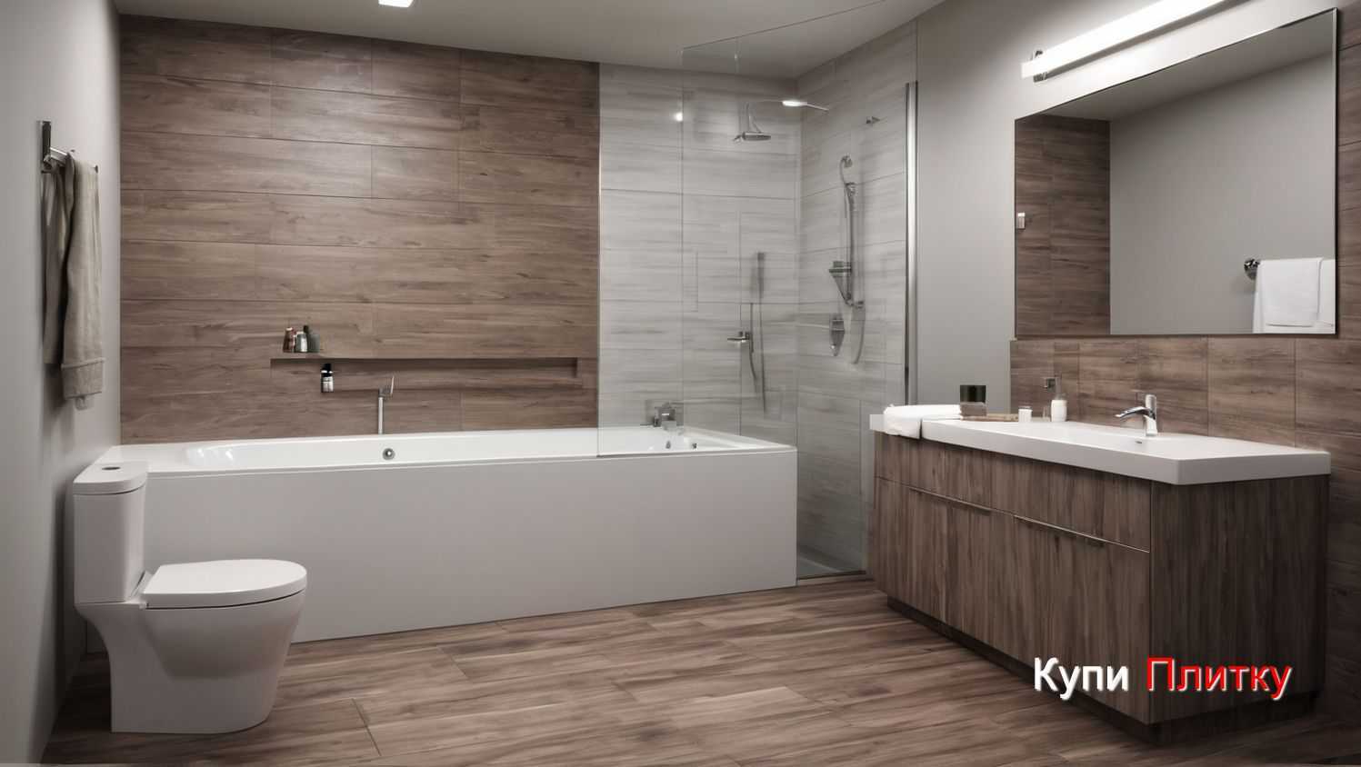 Плитка под дерево и геометрические узоры в ванной комнате