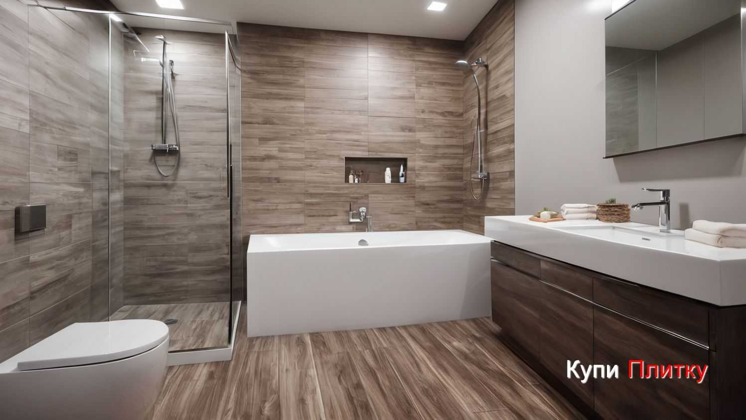 Серый керамогранит под дерево в ванной комнате: стиль лофт