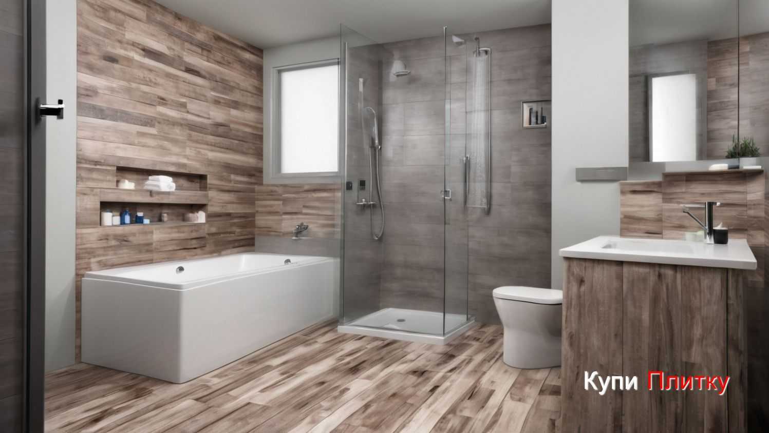 Как сочетать плитку под дерево и керамогранит в ванной комнате