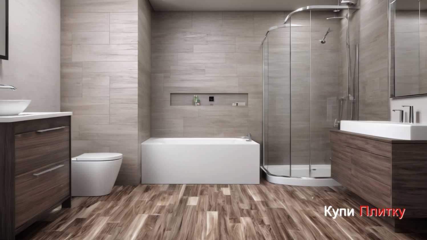 Плитка под дерево в ванной комнате с узким пространством
