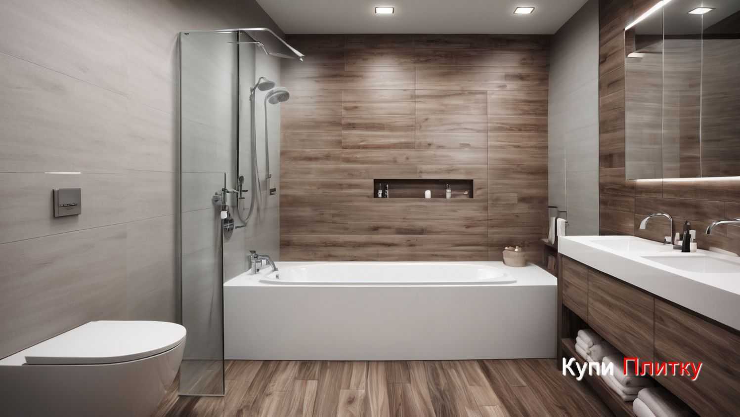 Плитка под дерево и обогреваемый пол в ванной комнате