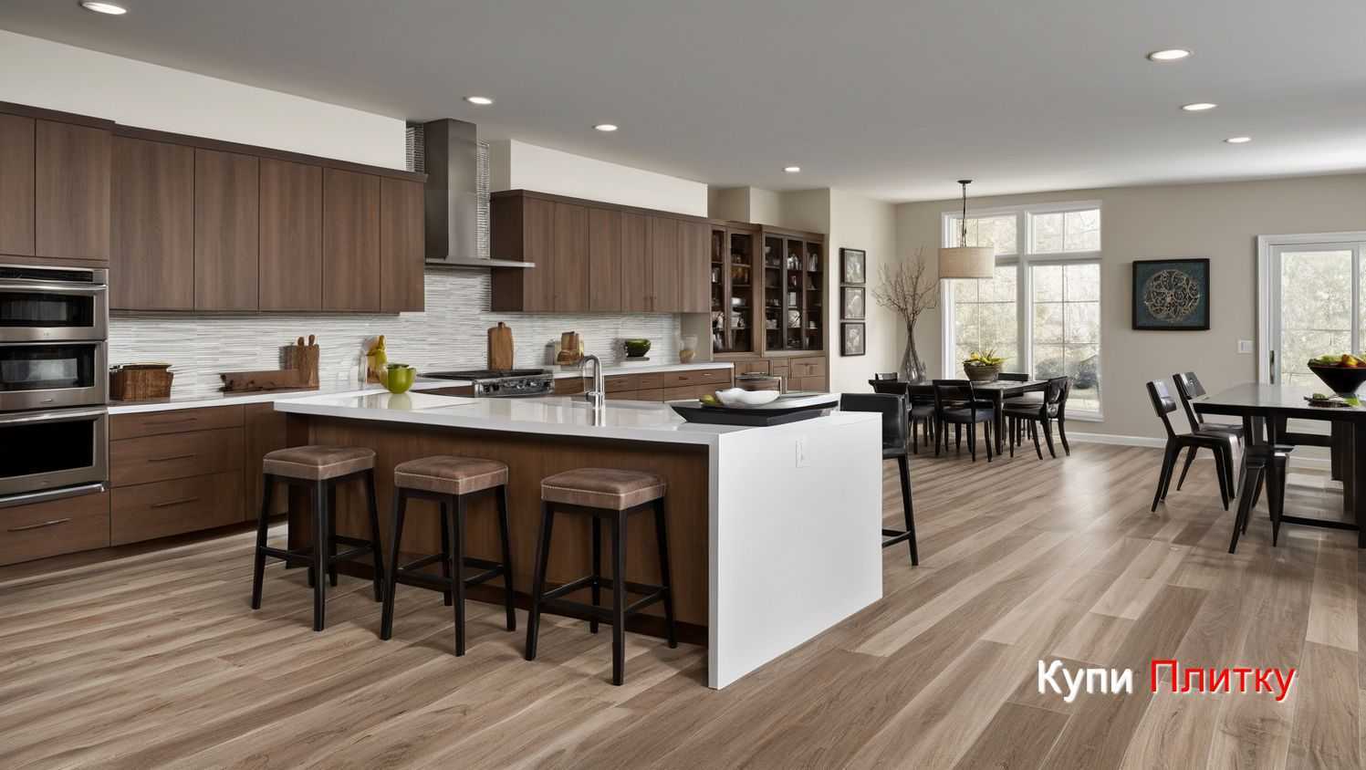 Плитка под дерево на кухне с белыми фасадами