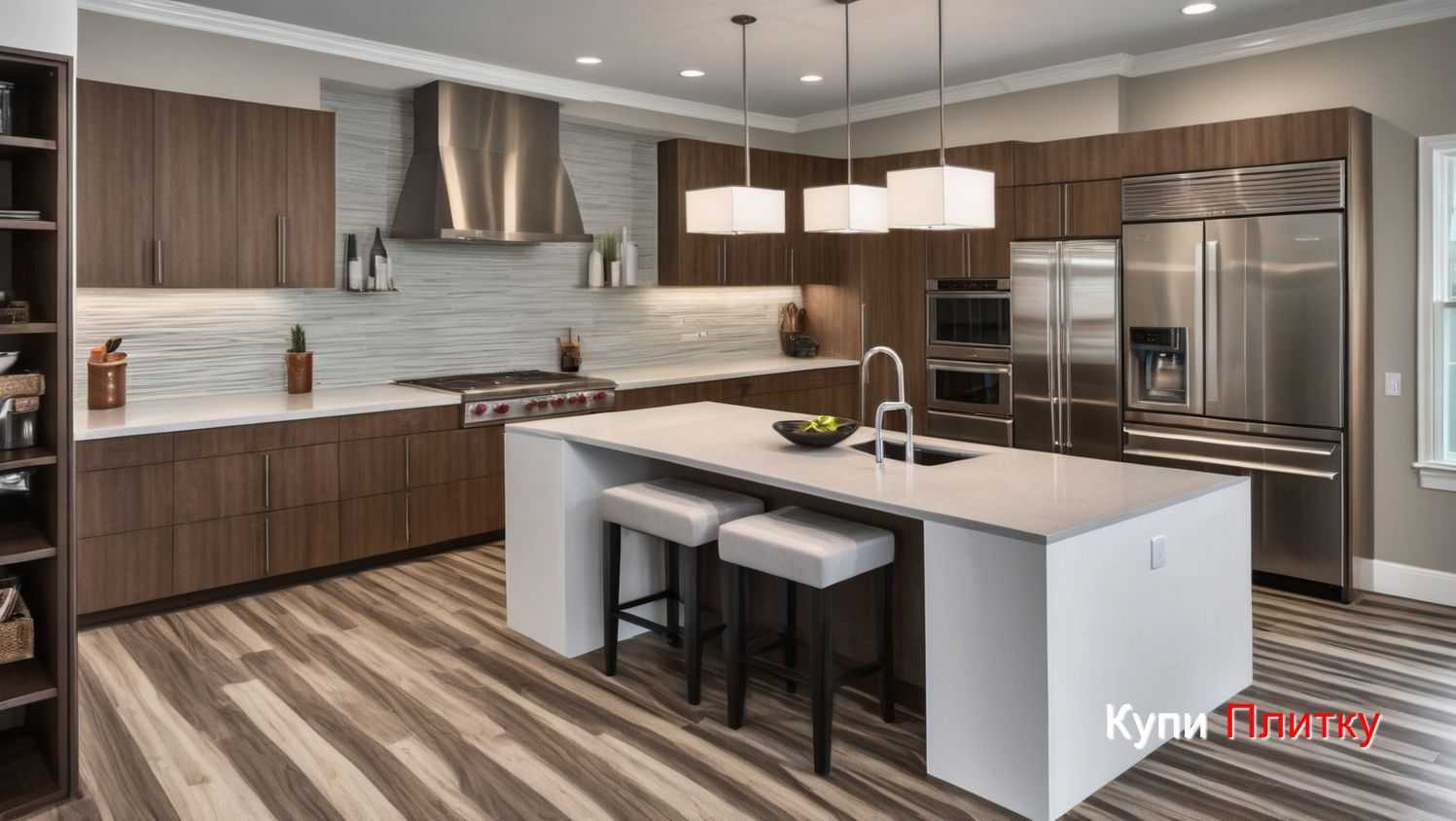 Плитка под дерево на кухне с рисунком под елочку