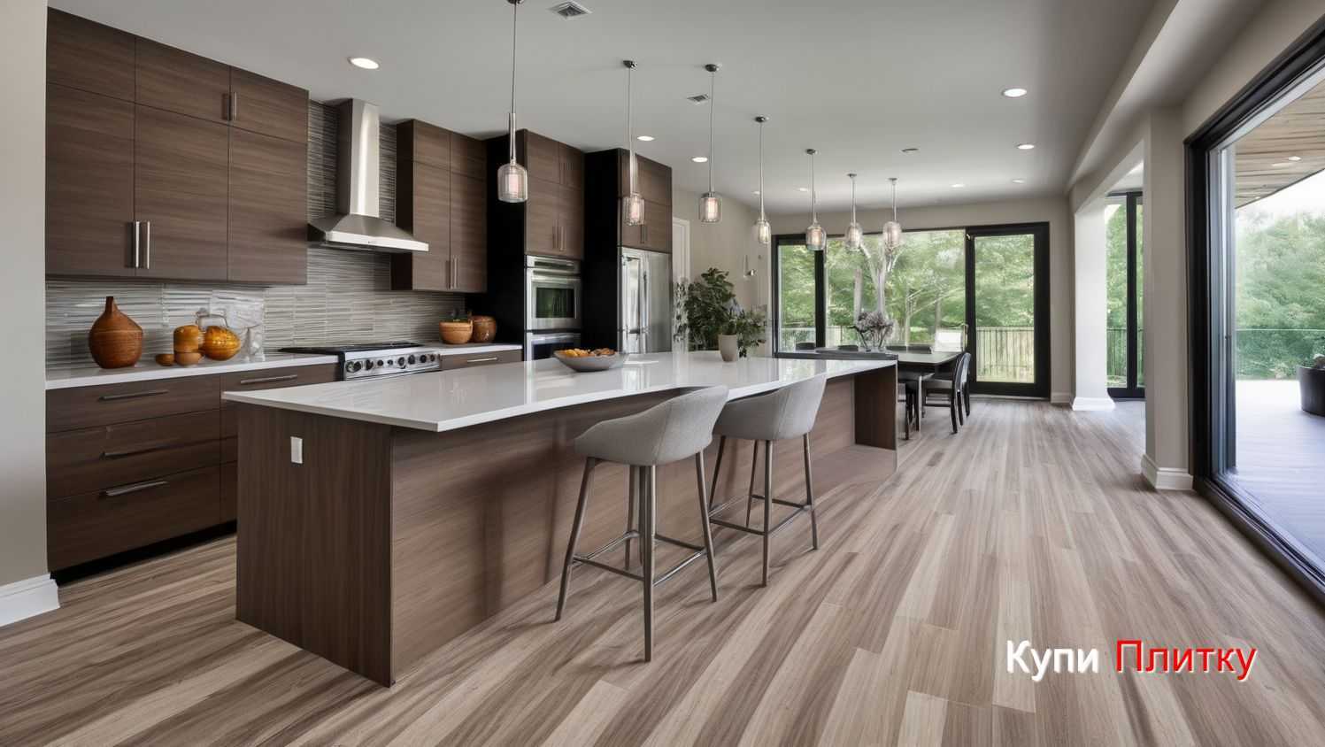 Плитка под дерево на кухне в интерьере с островом