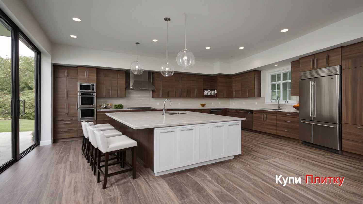 Плитка под дерево на кухне в деревенском стиле