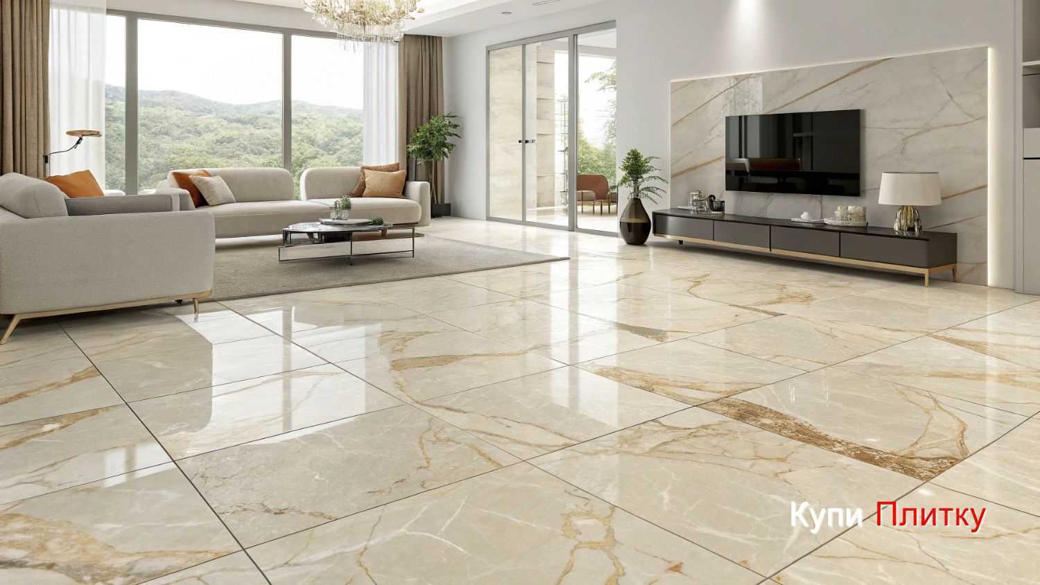 Напольный керамогранит под мрамор в гостиной: плюсы и минусы