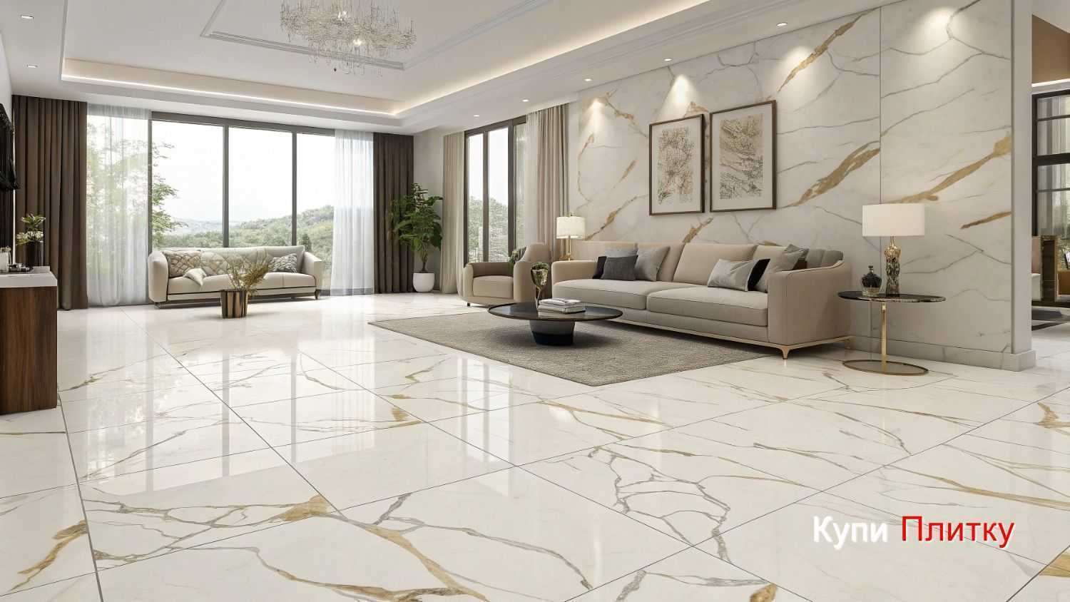 Как выбрать напольный керамогранит под мрамор в гостиной с учетом освещения