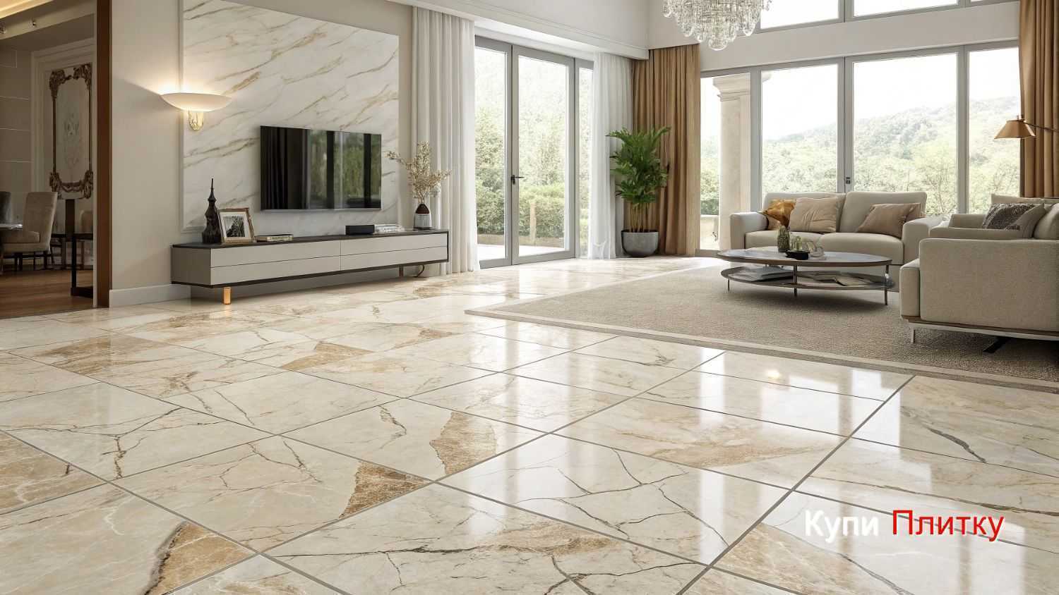 Напольный керамогранит под мрамор в гостиной: уход без разводов