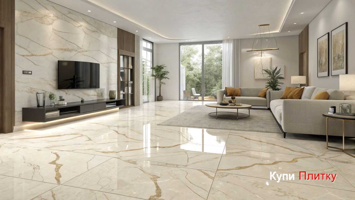 Напольная плитка под мрамор в гостиной: сочетание с лепниной и молдингами