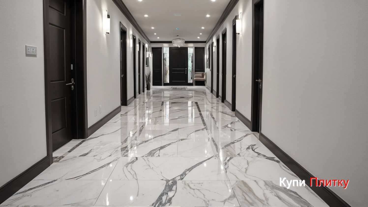 Напольная плитка под мрамор в гостиной с переходом на кухню