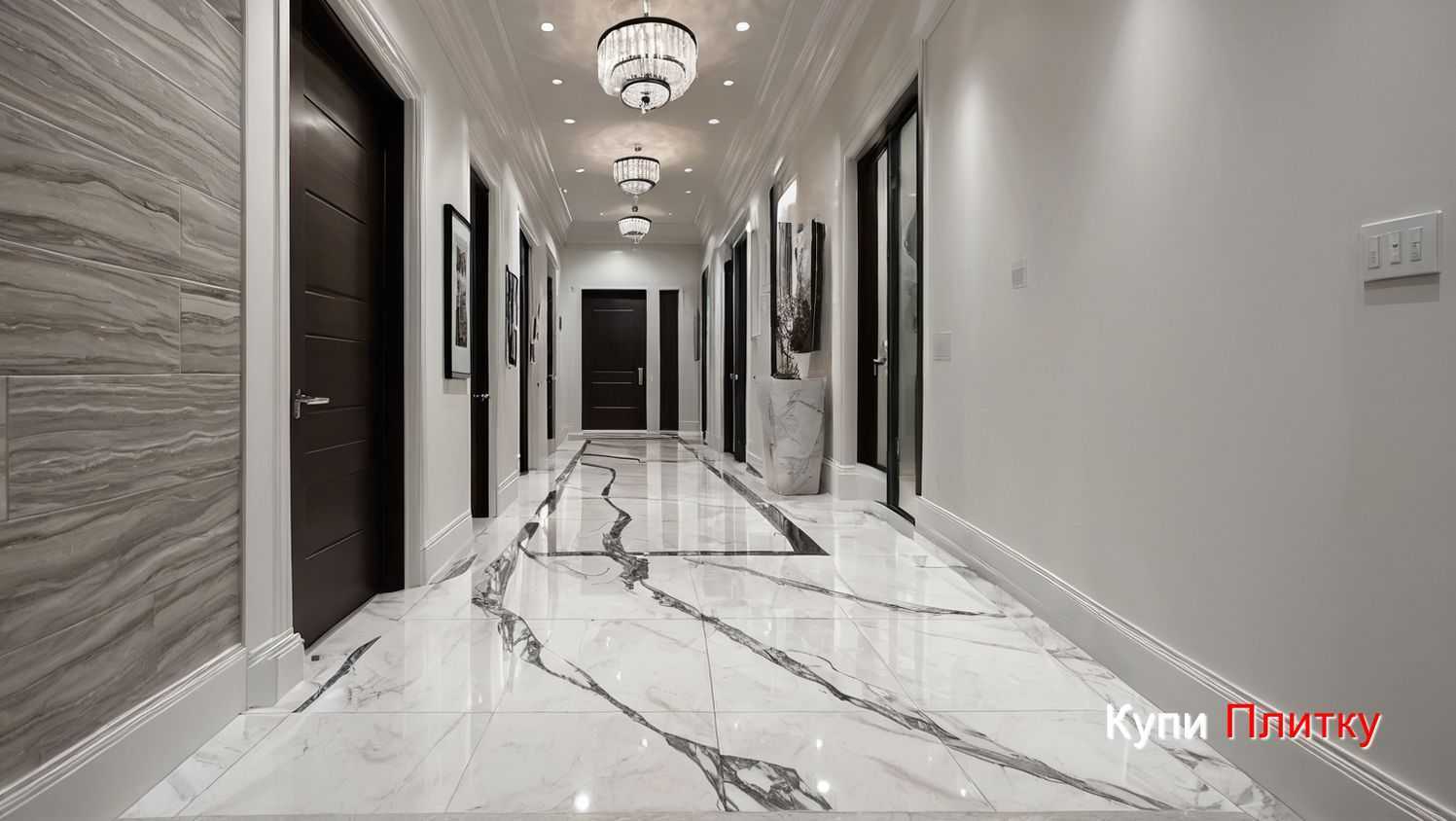 Напольный керамогранит под мрамор в гостиной - дизайнерские приёмы визуального расширения