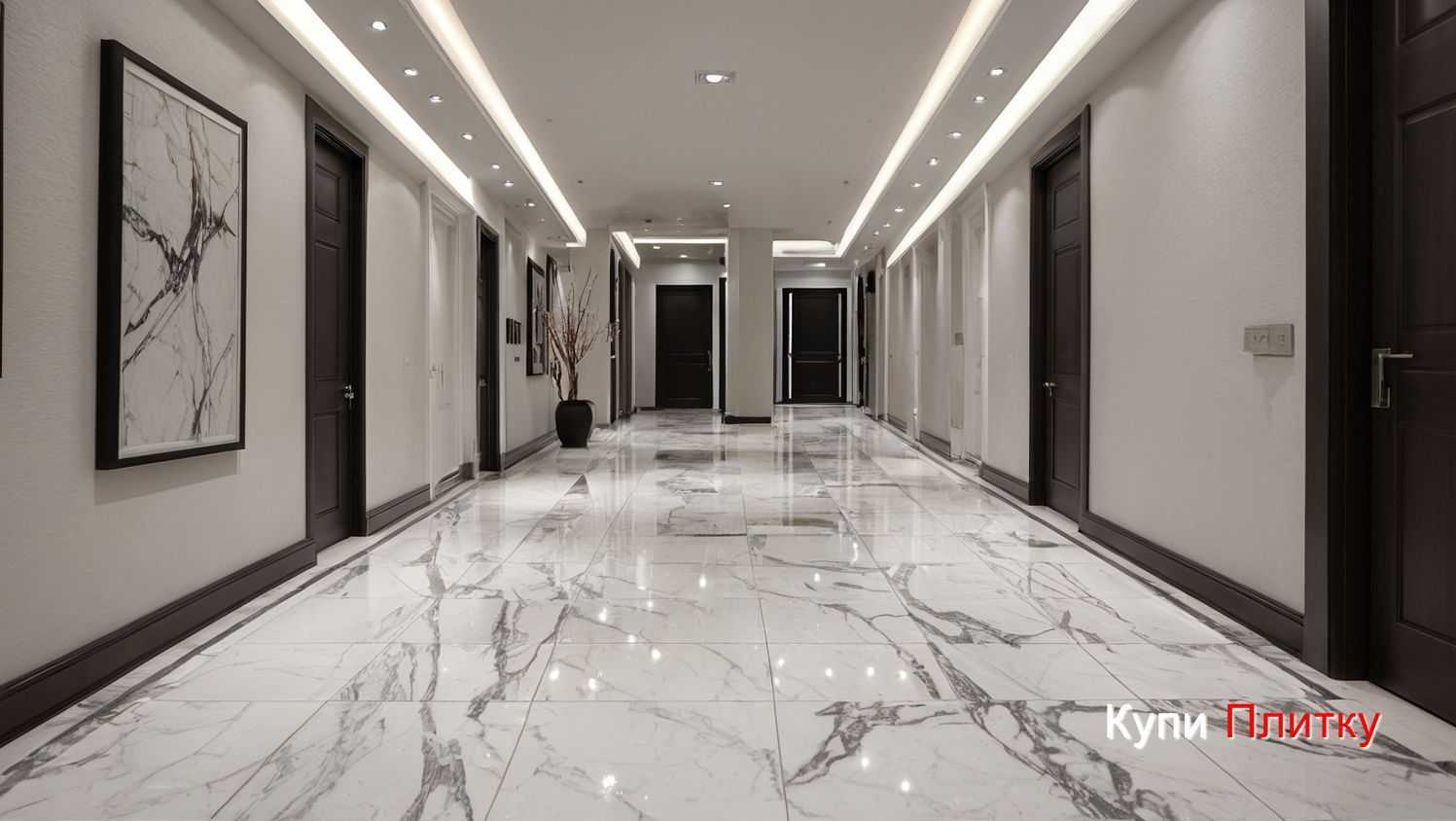 Как подобрать напольную плитку под мрамор в гостиной под двери из тёмного дерева