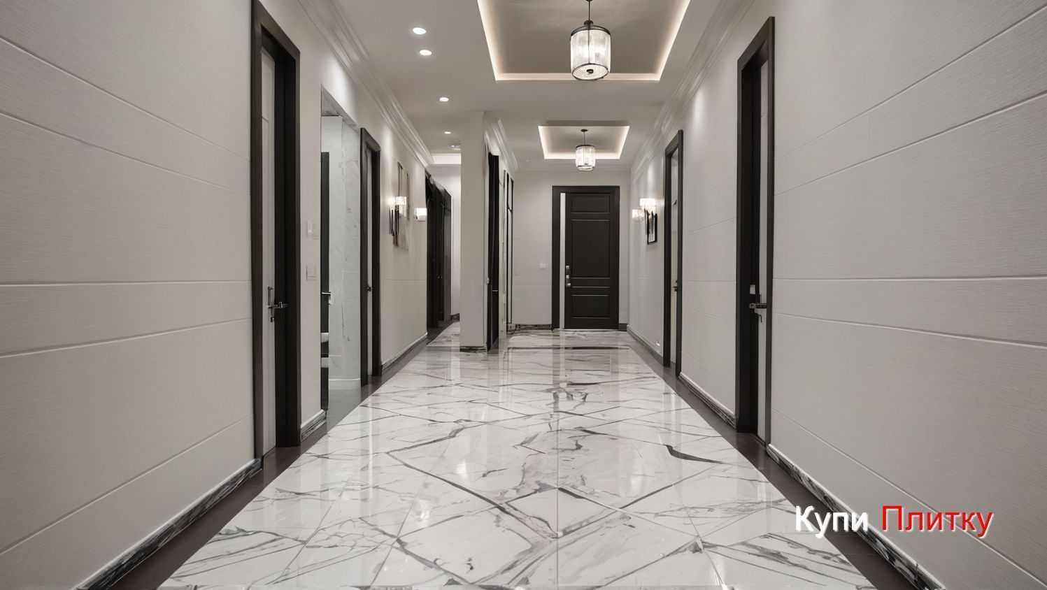 Напольный керамогранит под мрамор в гостиной с мягким блеском