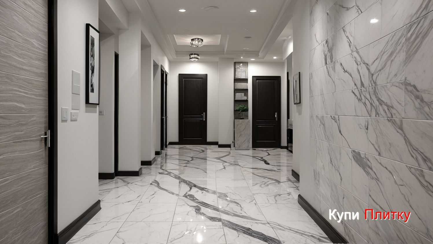 Напольная плитка под мрамор в гостиной - сочетание с камином и зеркалами