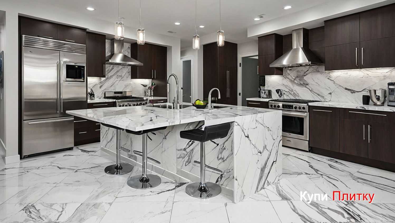 Плитка под мрамор на кухне и бетонные элементы декора