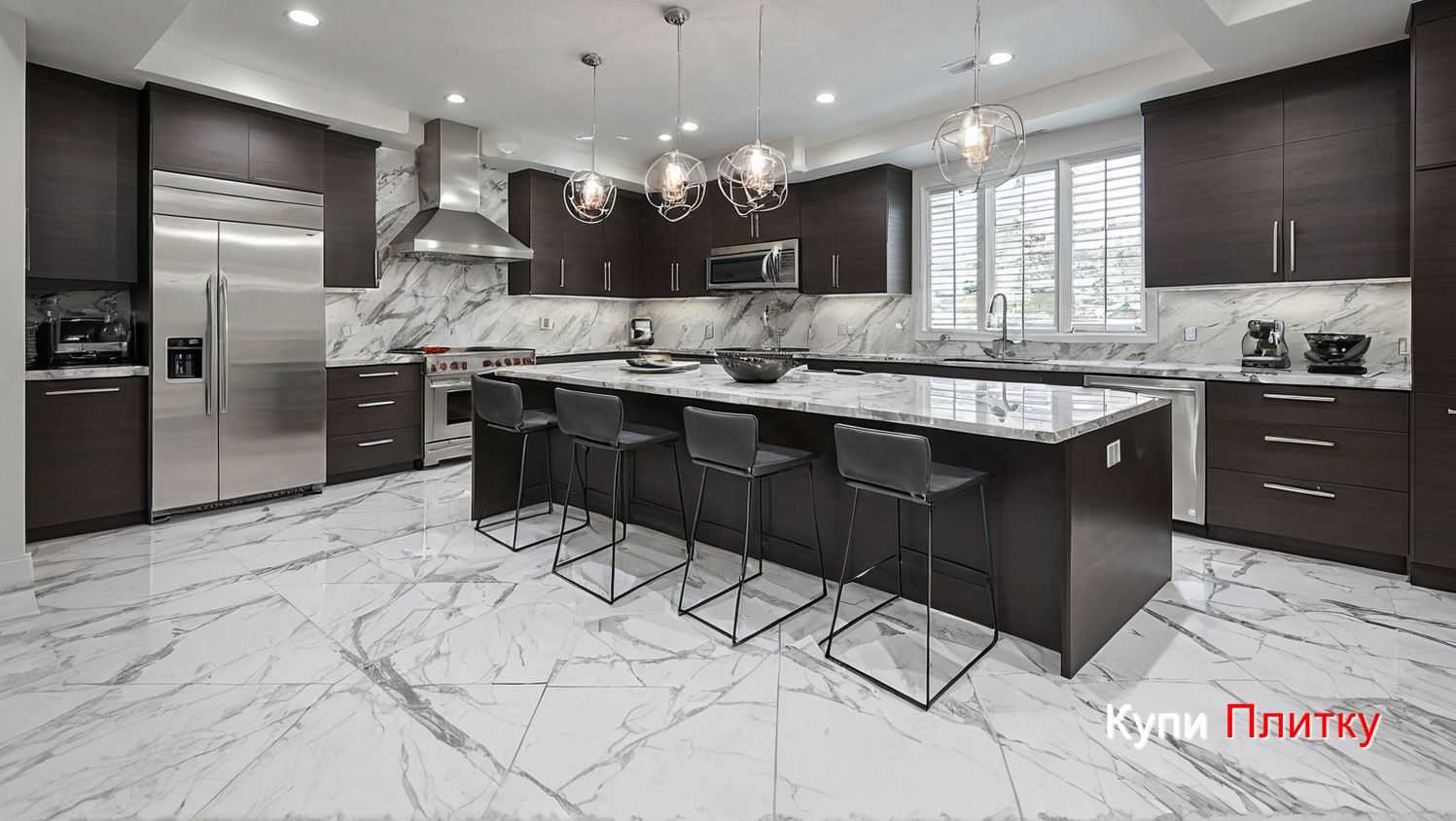 Напольная плитка под мрамор на кухне с серыми прожилками