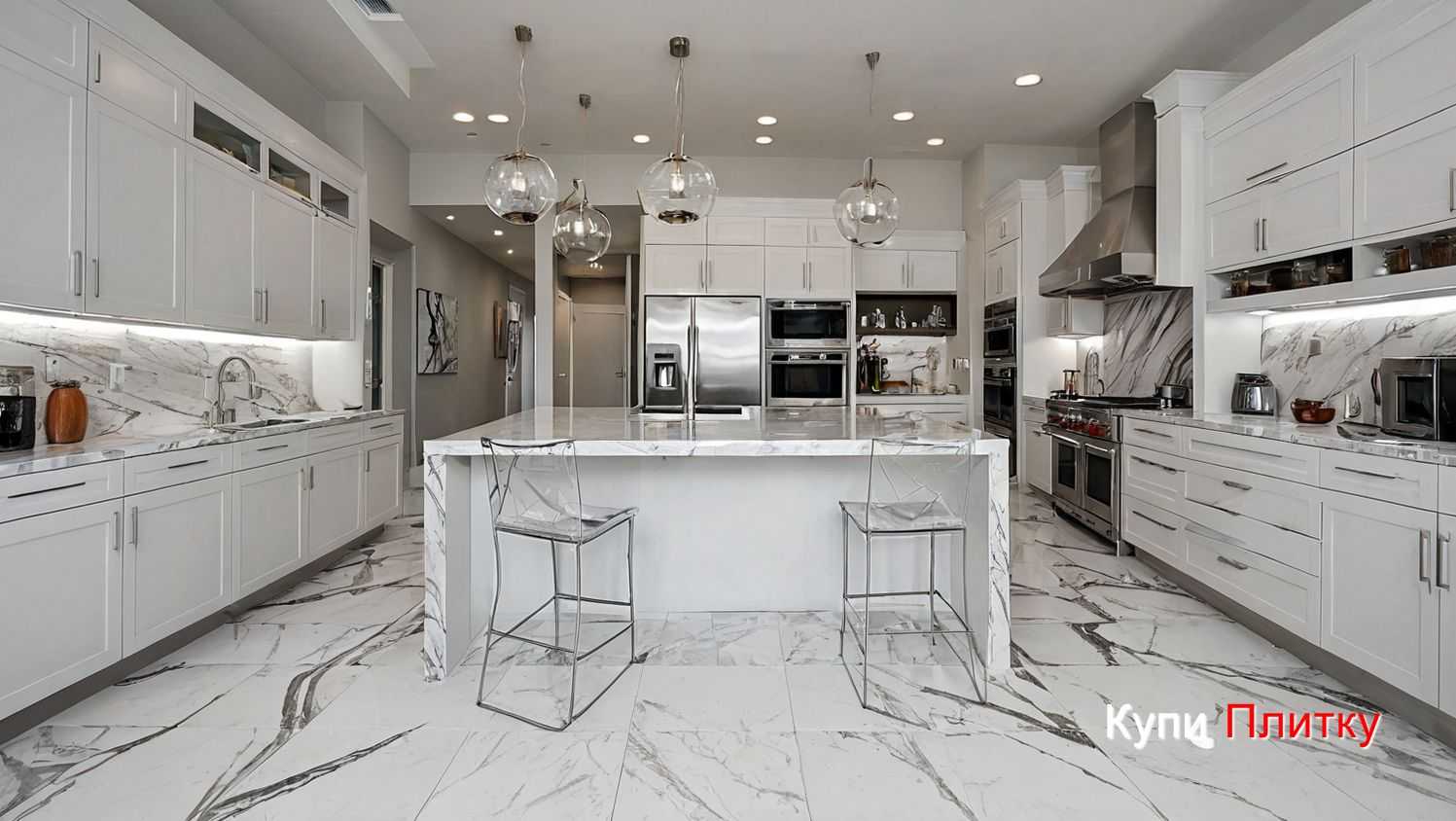 Как сочетать напольную плитку под мрамор на кухне со стенами и фартуком