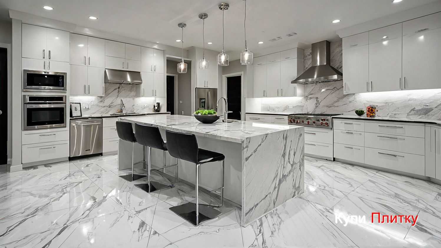 Напольная плитка под мрамор на кухне и керамогранит под оникс